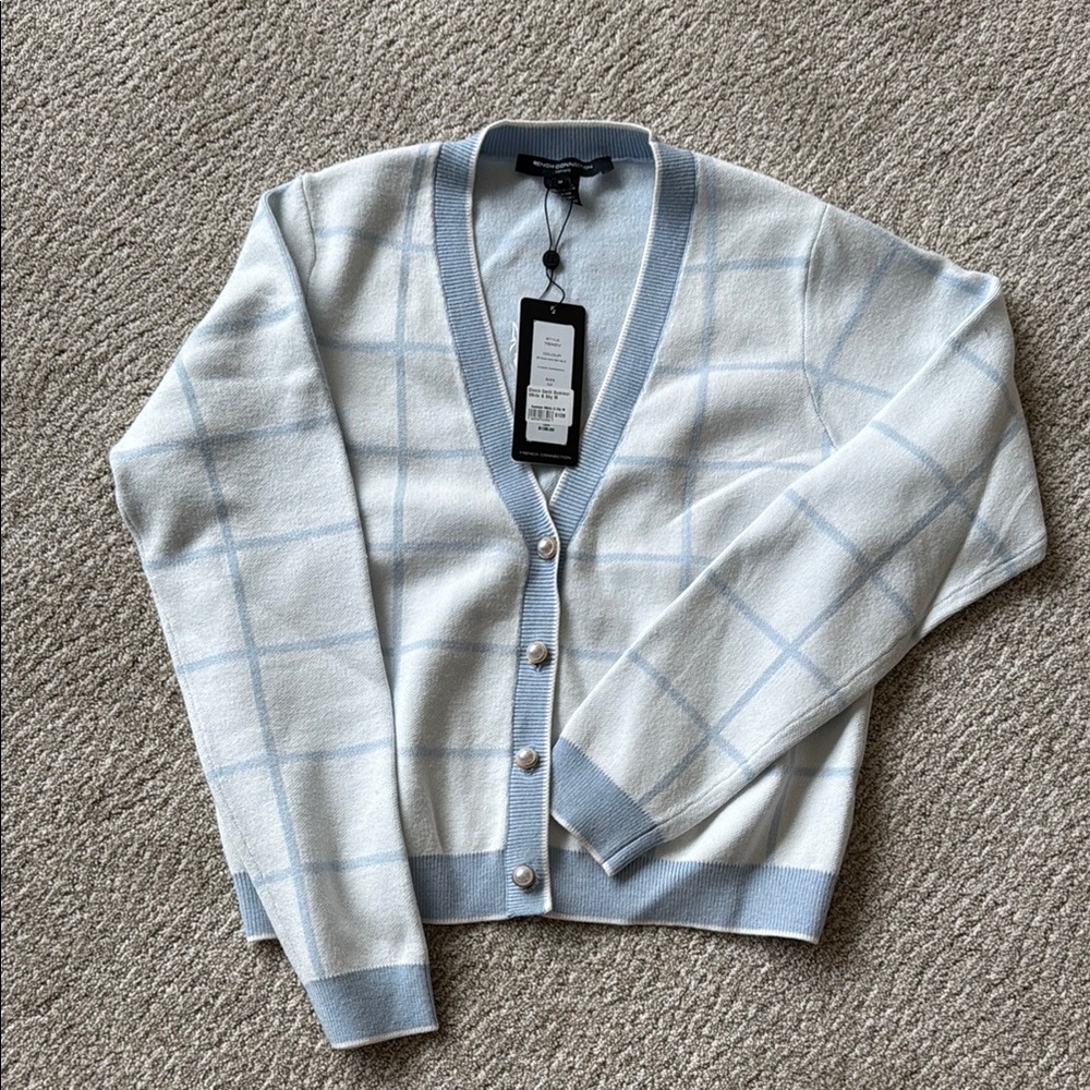 French Connection Blue and White Cardigan Sweater with Geometric Pattern